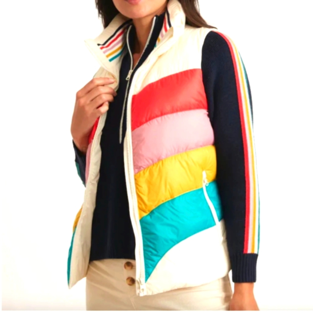 Marine Layer Cream Puffer Vest with Red, Pink, Yellow & Teal Colorblocks